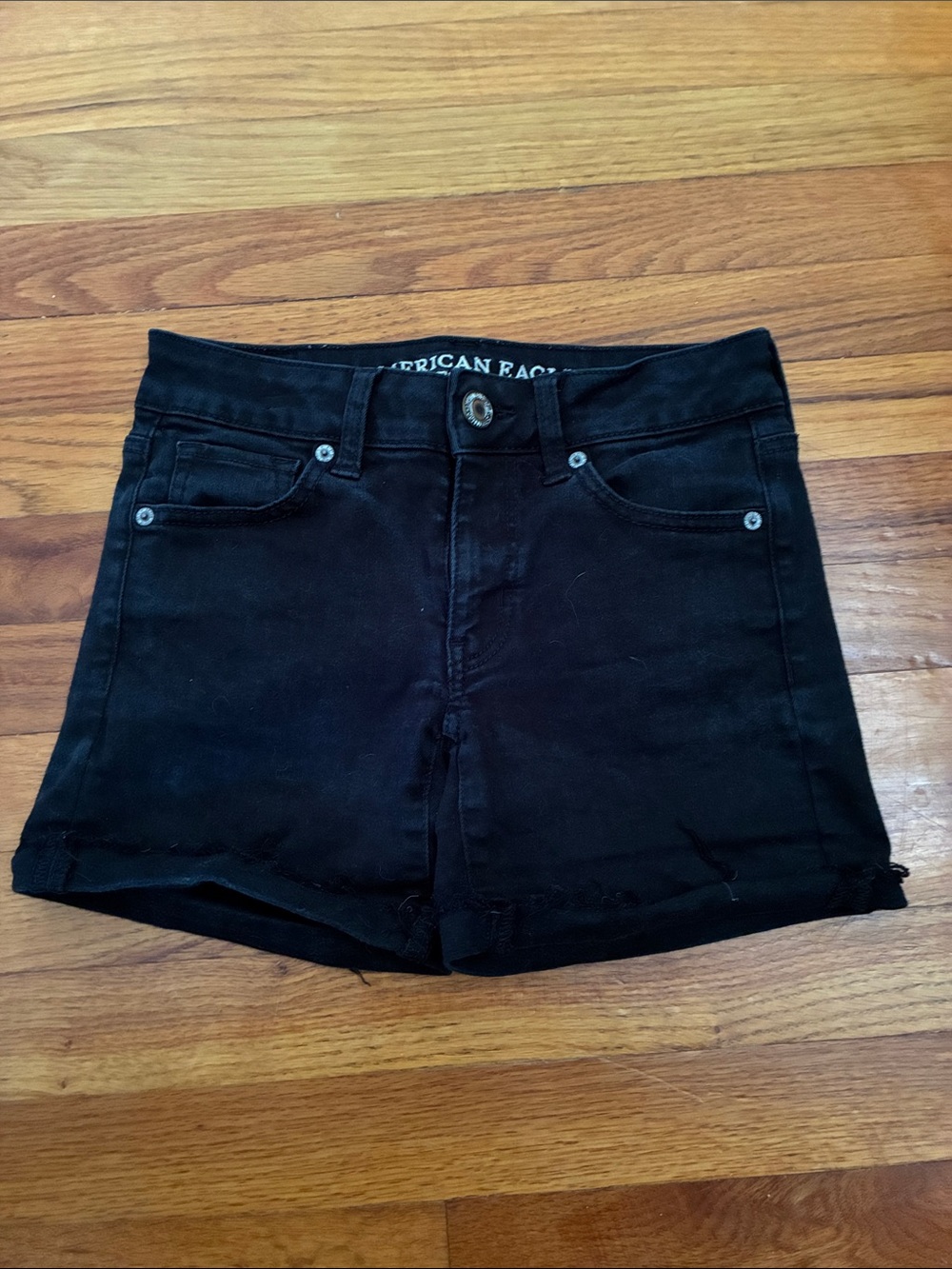 American Eagle Outfitters Black High-Rise Jean Shorts with Frayed Hem Size 0